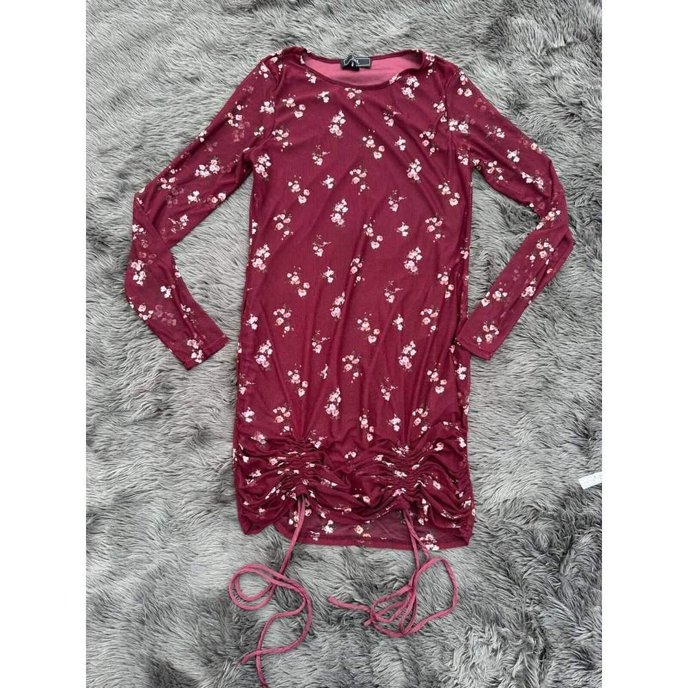 Vibe Sportswear Womans Large Burgundy Dress Floral Long Sheer Sleeve Short Lined - Picture 5 of 8